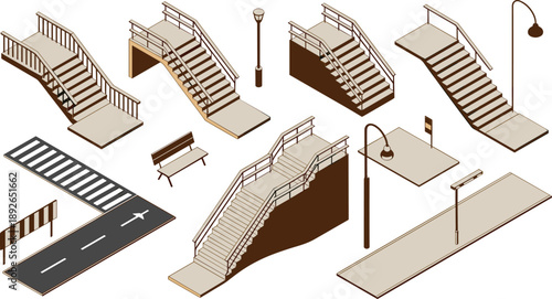 Isometric urban stairs bridges benches streetlights road elements, pedestrian infrastructure set, modern city design vector illustration isolated on white background