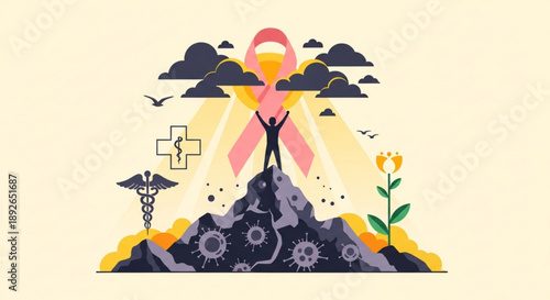 Triumphant person on mountain peak with pink ribbon symbolizing hope and victory over illness surrounded by medical symbols and nature elements