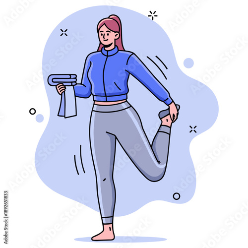 Young caucasian female doing yoga in sporty outfit with towel