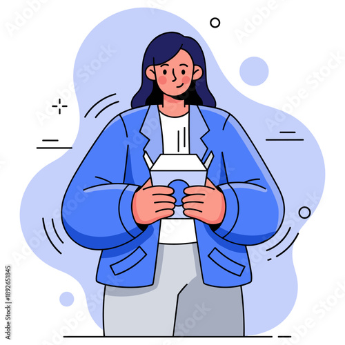 Female character enjoying takeout in casual outfit with abstract background