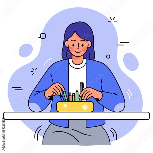 Young caucasian female organizing pens in desk organizer in blue jacket