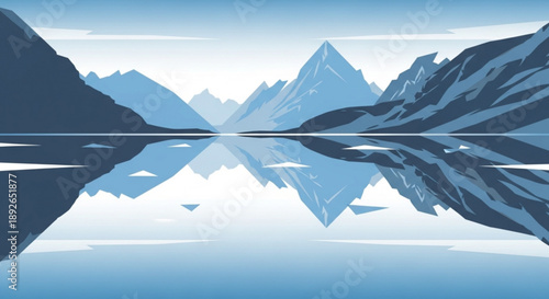Snowy mountain range reflected in calm lake water with clear blue sky and icebergs floating