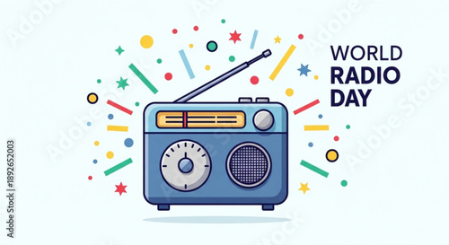 Retro radio illustration for World Radio Day vintage broadcast device with antenna and colorful confetti flat design concept for celebration and communication