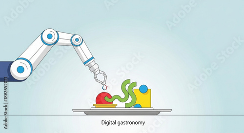 Robotic arm prepares futuristic dish with sauce and vegetables on plate representing digital gastronomy concept