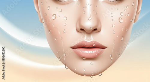 Woman's face with closed eyes and water droplets on skin serene expression skincare and beauty concept with soft gradient background