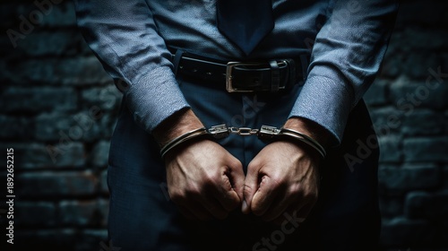Man in suit with hands cuffed behind his back against a brick wall