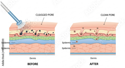 Detailed cross section of human skin before and after pore cleansing showing clogged and clean pores with labeled layers