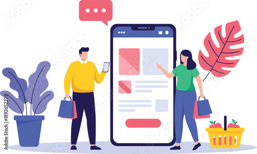 Modern mobile shopping illustration with customers holding bags, smartphone store interface, grocery basket, and ecommerce concept design