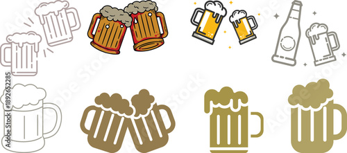 Beer mug icon set. Alcoholic beverage menu collection. Labeled visualization with various glasses styles for lager, pilsner, ale, dunkel and porter drinks.