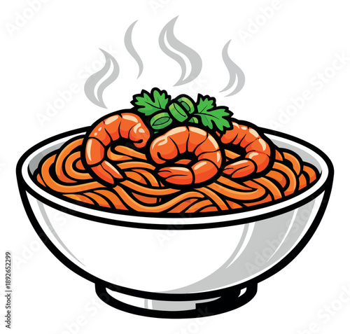 Graphic illustration of spicy noodles in a bowl depicting hot steaming noodles with shrimp and green herbs for restaurant menus and asian cuisine