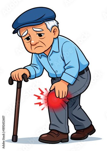 Cartoon illustration of an elderly man depicting severe knee pain for health concepts