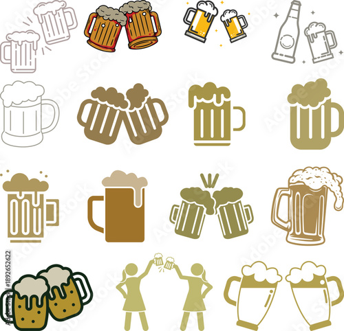 Beer mug icon set. Alcoholic beverage menu collection. Labeled visualization with various glasses styles for lager, pilsner, ale, dunkel and porter drinks.