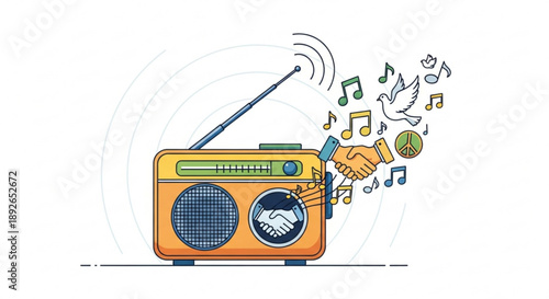 Vintage radio broadcasting music peace symbols and handshake icons representing communication and connection flat vector illustration