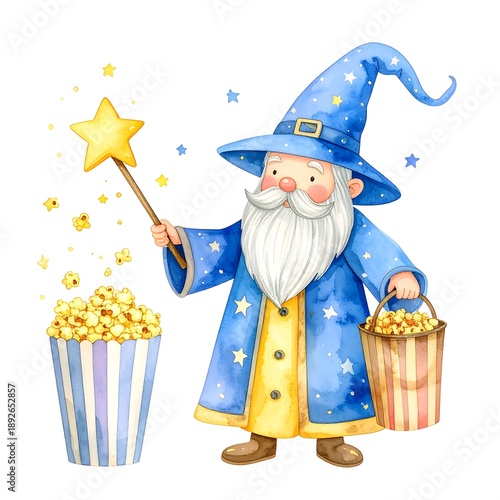 Whimsical watercolor of a wizard, conjuring popcorn from a star-tipped wand, holding a bucket
