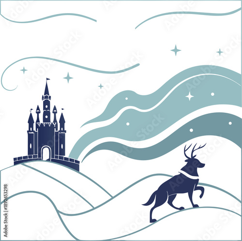 Winter landscape with majestic castle, graceful deer, and mystical night sky featuring flowing blue northern lights and sparkling stars