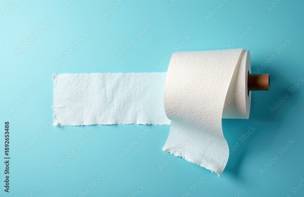 Obraz premium White toilet paper roll shows the last sheet remaining on light blue background. Empty core signals a supply problem, a hygiene emergency or funny bathroom situation needing more paper.