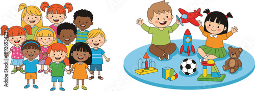 Diverse Group of Happy Children Standing Together and Two Kids Playing with Toys on a Rug for Daycare, Preschool Education, and Early Childhood Development Designs