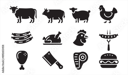 Black vector meat icons collection featuring livestock animals and butcher food symbols