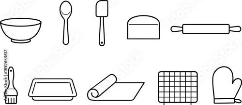 Collection of simple line art icons representing baking tools and kitchen utensils