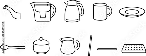 Collection of simple line art icons for kitchenware and beverage service items