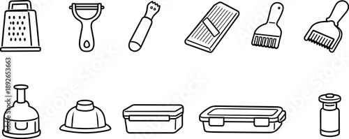 Collection of kitchen utensils and food storage containers in a simple line art style