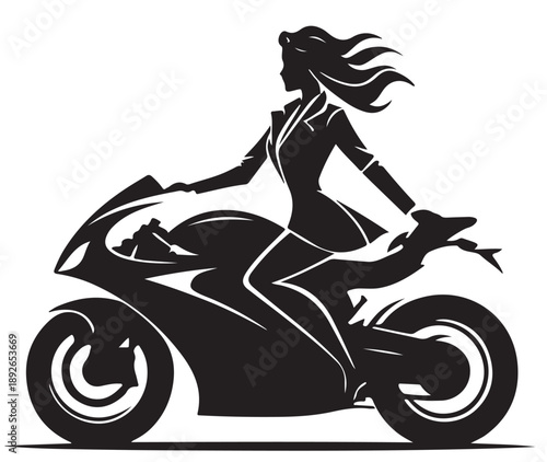 Woman single flat silhouette ready for print: Motorbike girl