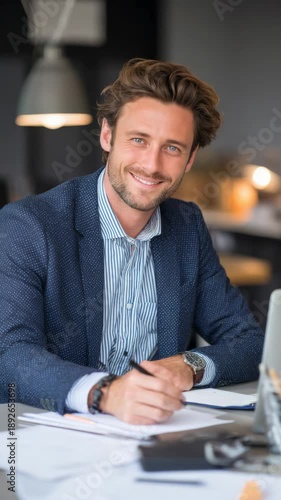 Smiling businessman in a suit jacket working at his desk with a laptop and papers