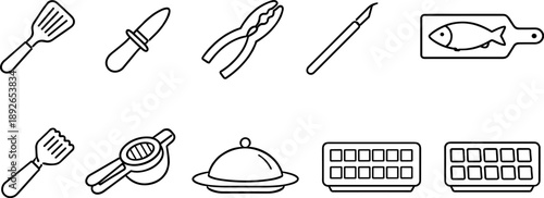 Collection of kitchen utensil icons, including spatulas, knives, and serving dishes