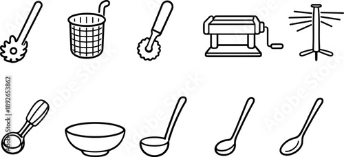 Collection of simple line art kitchen utensils and pasta making tools