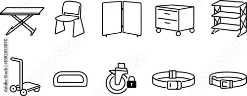 Collection of line art icons representing furniture and moving equipment