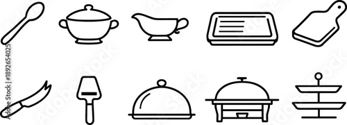 Collection of simple line art icons representing various kitchen and serving utensils and dishes
