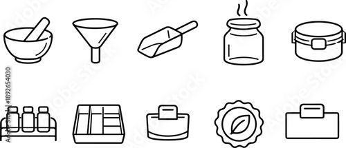 Collection of simple line art icons representing laboratory and kitchen tools for preparation and storage