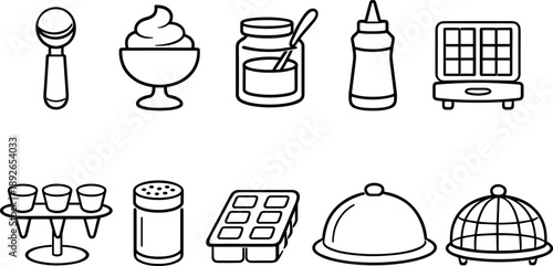 Collection of simple line art icons representing dessert and food preparation items