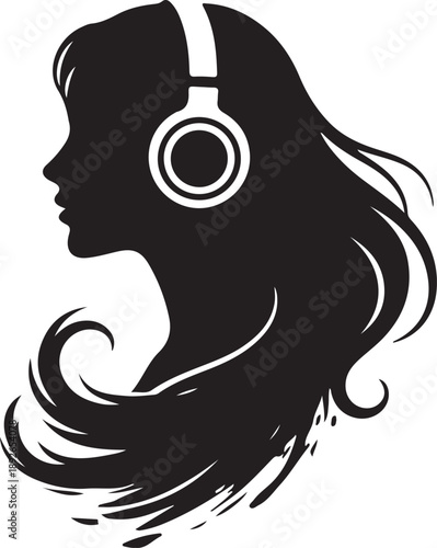 A striking silhouette of a woman with long hair wearing headphones, lost in music