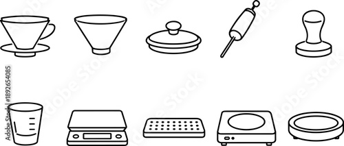 Collection of minimalist line art icons for coffee brewing and preparation tools