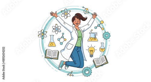A cartoon woman in a lab coat jumping in the air with science and chemistry laboratory equipment around her on a white background