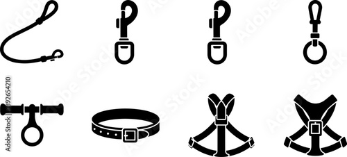 Collection of dog walking accessories including leashes, collars, and harnesses