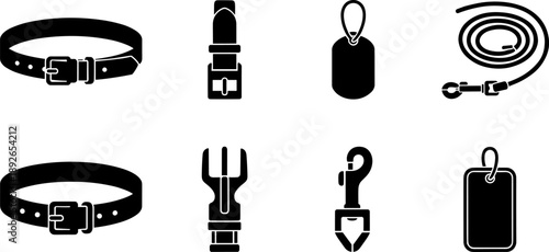 Collection of pet accessories icons including collars, leashes, and tags