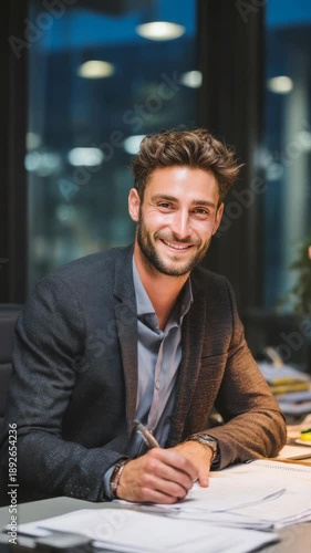 Smiling businessman working at his desk in a modern office at night
