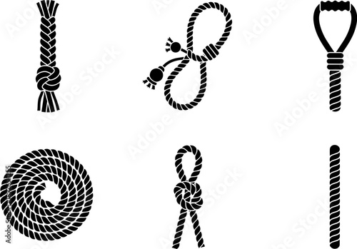 Collection of various rope knots and styles in black silhouette on white background