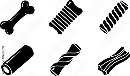 Collection of six different black icons representing various dog treats and pasta shapes