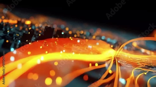 Vibrant orange fiber optic cables transmitting data through a dark environment with glowing lights from a close-up viewpoint 0125(59).mp4