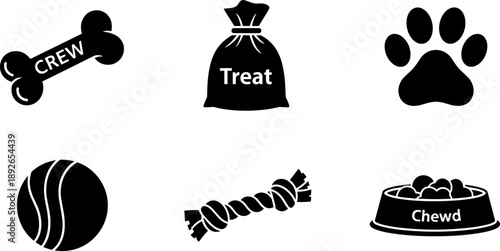 Collection of black icons representing dog toys and treats on a white background