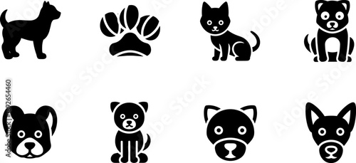Collection of cute black pet icons including dogs, cats, and paw prints