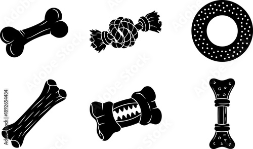 Collection of black silhouette dog toys including bones, rope, and chew rings