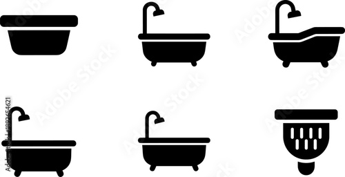 Collection of simple black icons representing bathtubs and a basin for bathroom or hygiene themes
