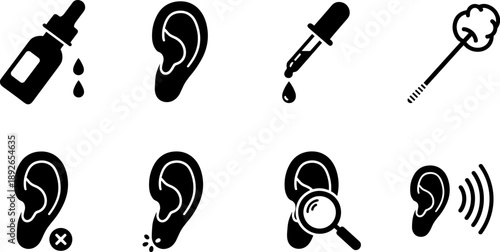 Set of ear care and hearing icons, including ear drops, examination, and sound waves