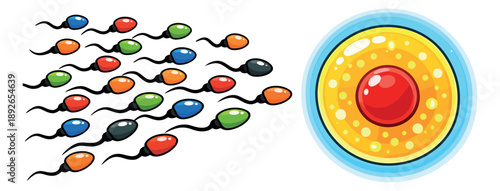 Colorful cartoon reproduction set featuring sperm cells and an egg for biology education