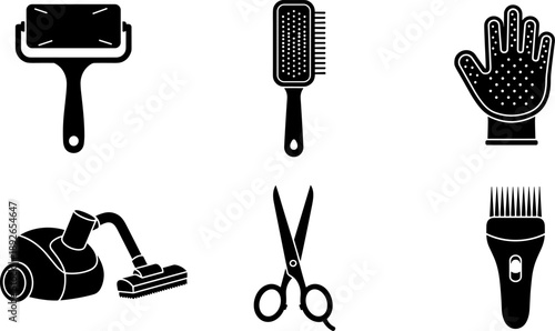Collection of grooming and cleaning tools, including a lint roller, brush, glove, vacuum, scissors, and trimmer
