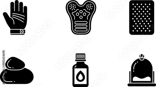 Collection of black icons representing spa and wellness treatments for relaxation and self-care